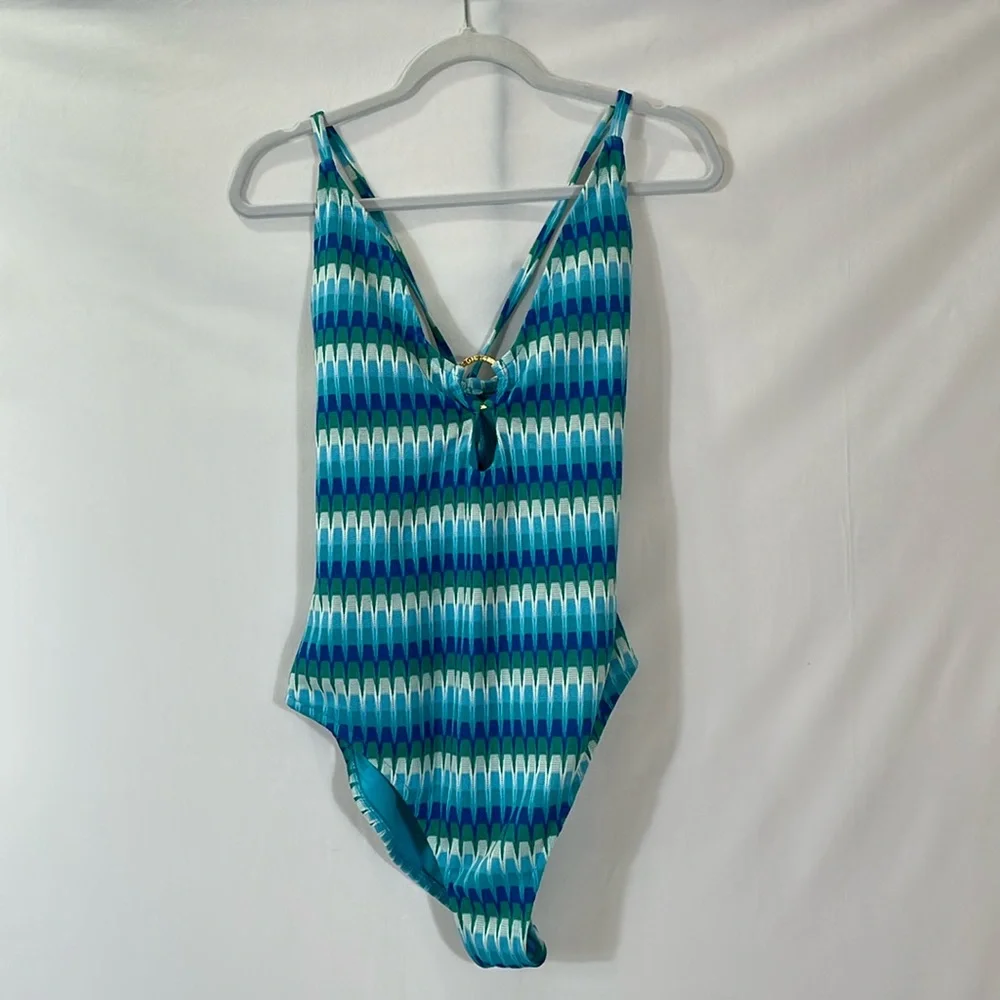 Trina Turk One-piece Swimsuit Size 12 NWT Multi Aqua Blue Print